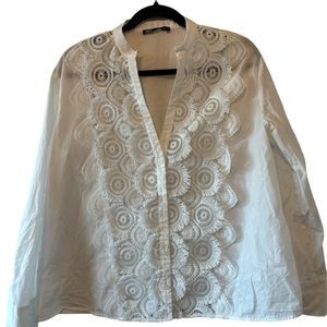 ZARA Blouse Top Lace Embroidered Poplin Shirt White V Neck Long Sleeve